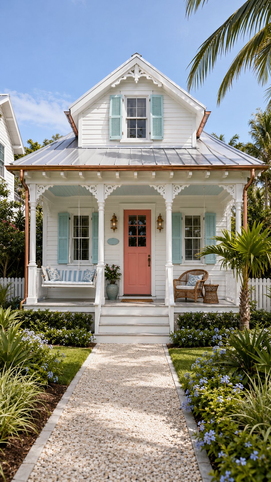 The same cottage with mint shutters, gingerbread brackets, copper gutters, a coral front door, a porch swing and a shell path through a garden