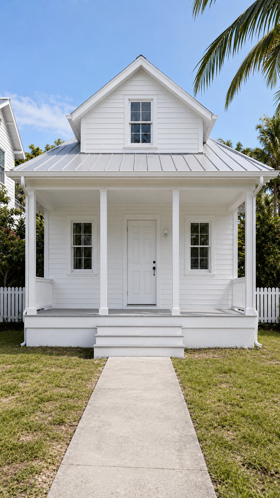 A plain white cottage with a metal roof, a square porch on four posts, a white door and a concrete path across a lawn