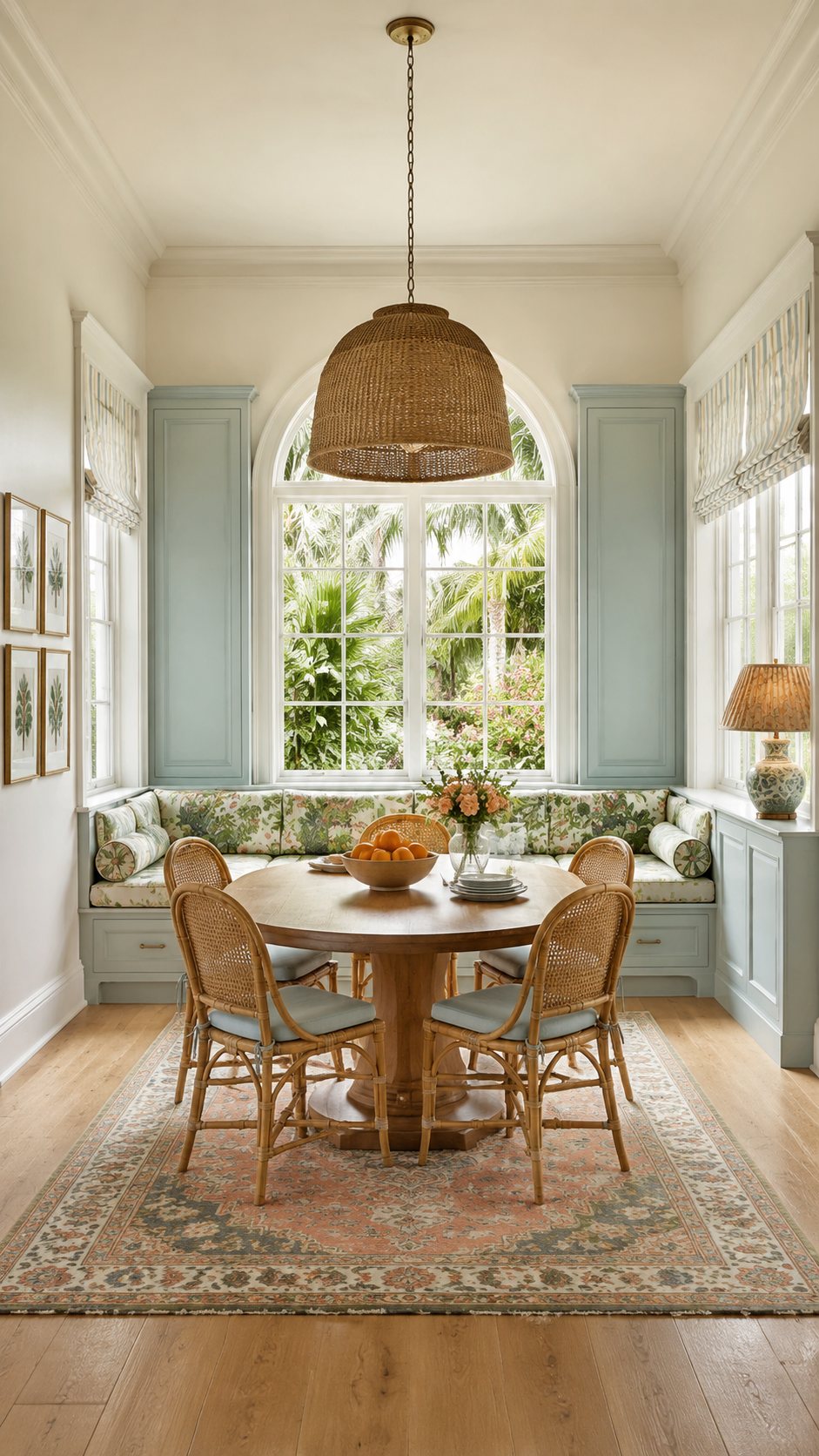 The same space with a pale blue built in banquette under the arched window, a round oak table, rattan chairs, a wicker pendant and a faded rug