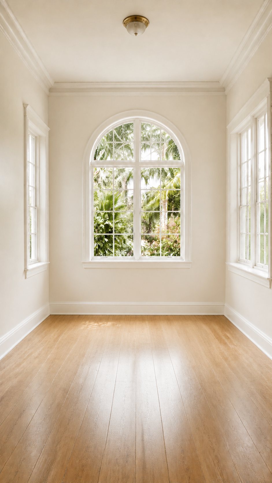 An empty cream painted space with a tall arched window, side windows, crown moulding and a pale oak floor