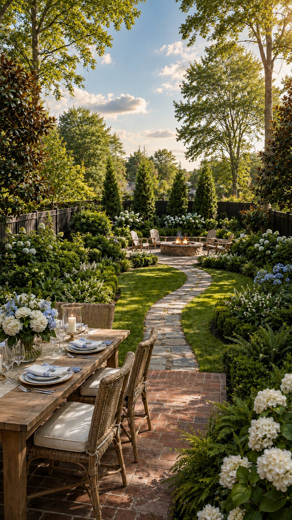 The same backyard with a set dining table on the brick patio, a stone path curving to a fire pit, Italian cypress along the fence and beds of hydrangeas