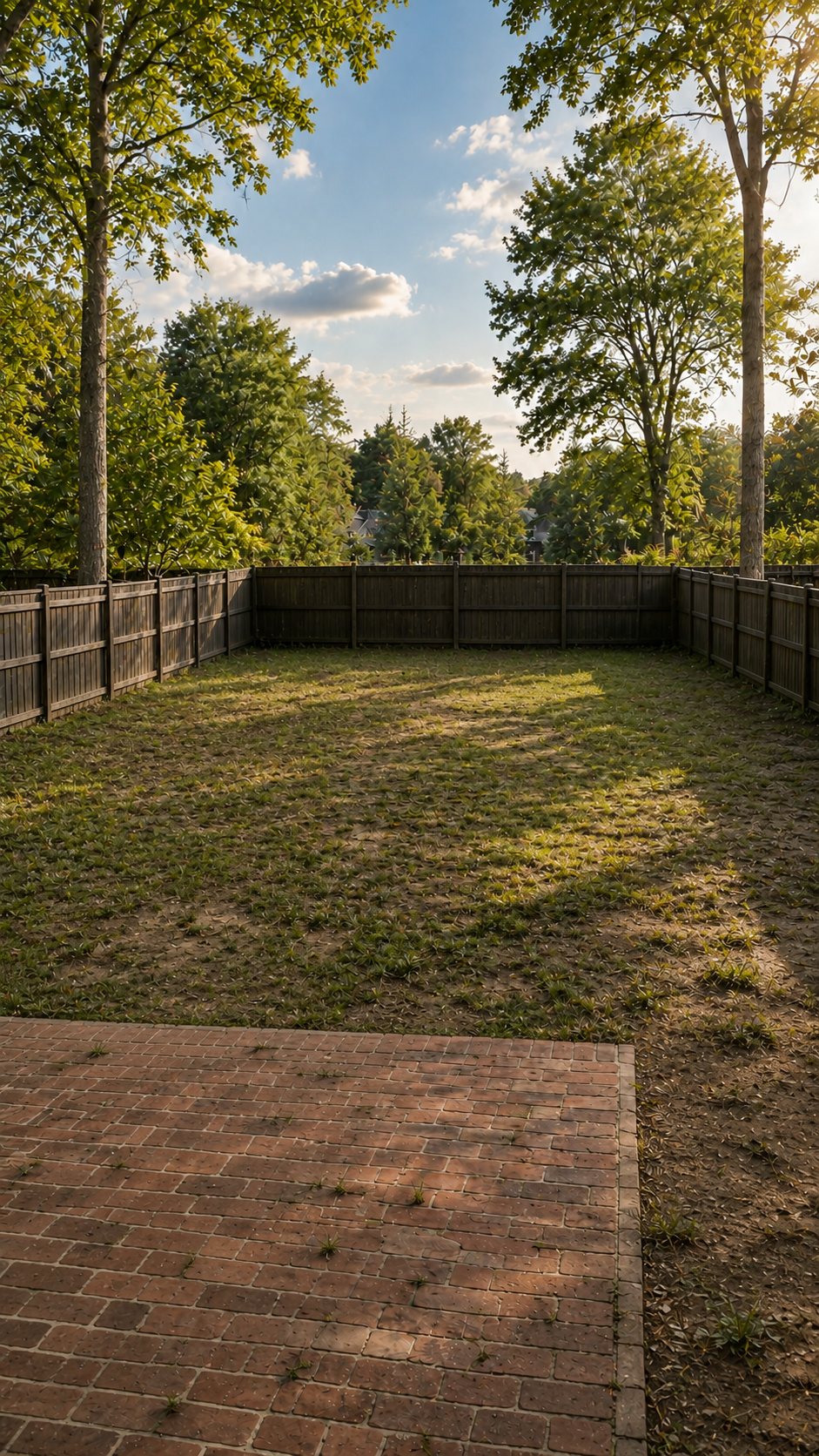 A bare fenced backyard with patchy lawn, tall trees, a dark wood fence and a brick patio in the foreground