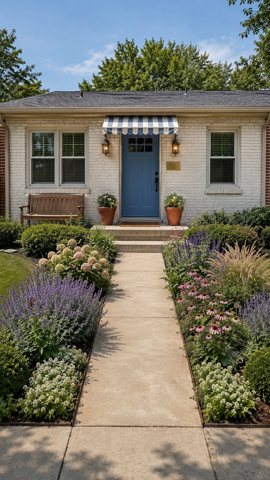 The same house with the brick painted white, a blue front door, a blue striped awning, two lanterns, a bench and a front garden of lavender and coneflower