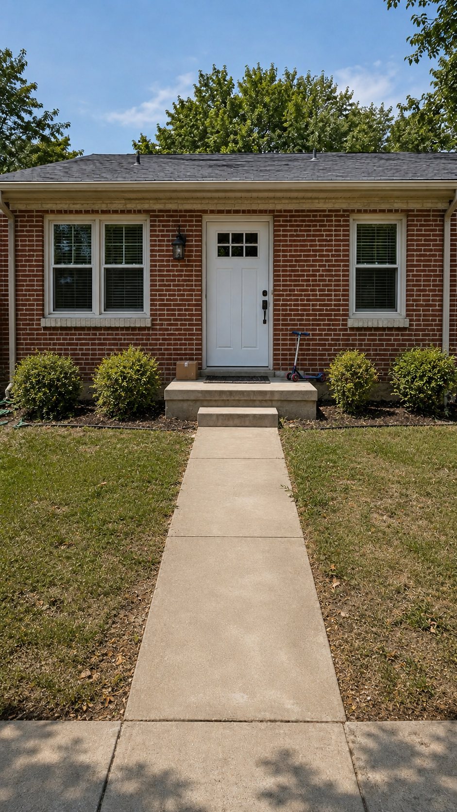 A red brick ranch house with a white door, two windows, round shrubs, a plain lawn and a straight concrete path
