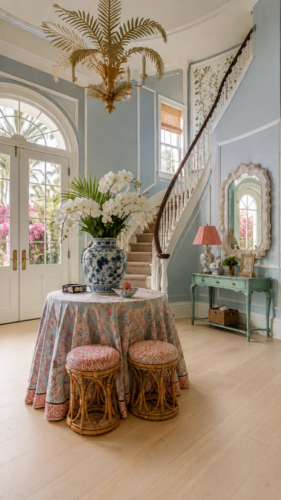 The same entry hall with pale blue walls, a whitewashed oak floor, a skirted round table with orchids, a palm chandelier, a mirror and a green console