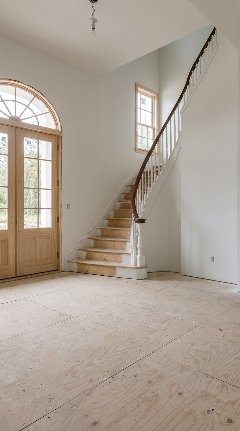 An unfinished entry hall with a plywood subfloor, bare white walls, an arched double door in raw wood and a curved staircase with a dark rail