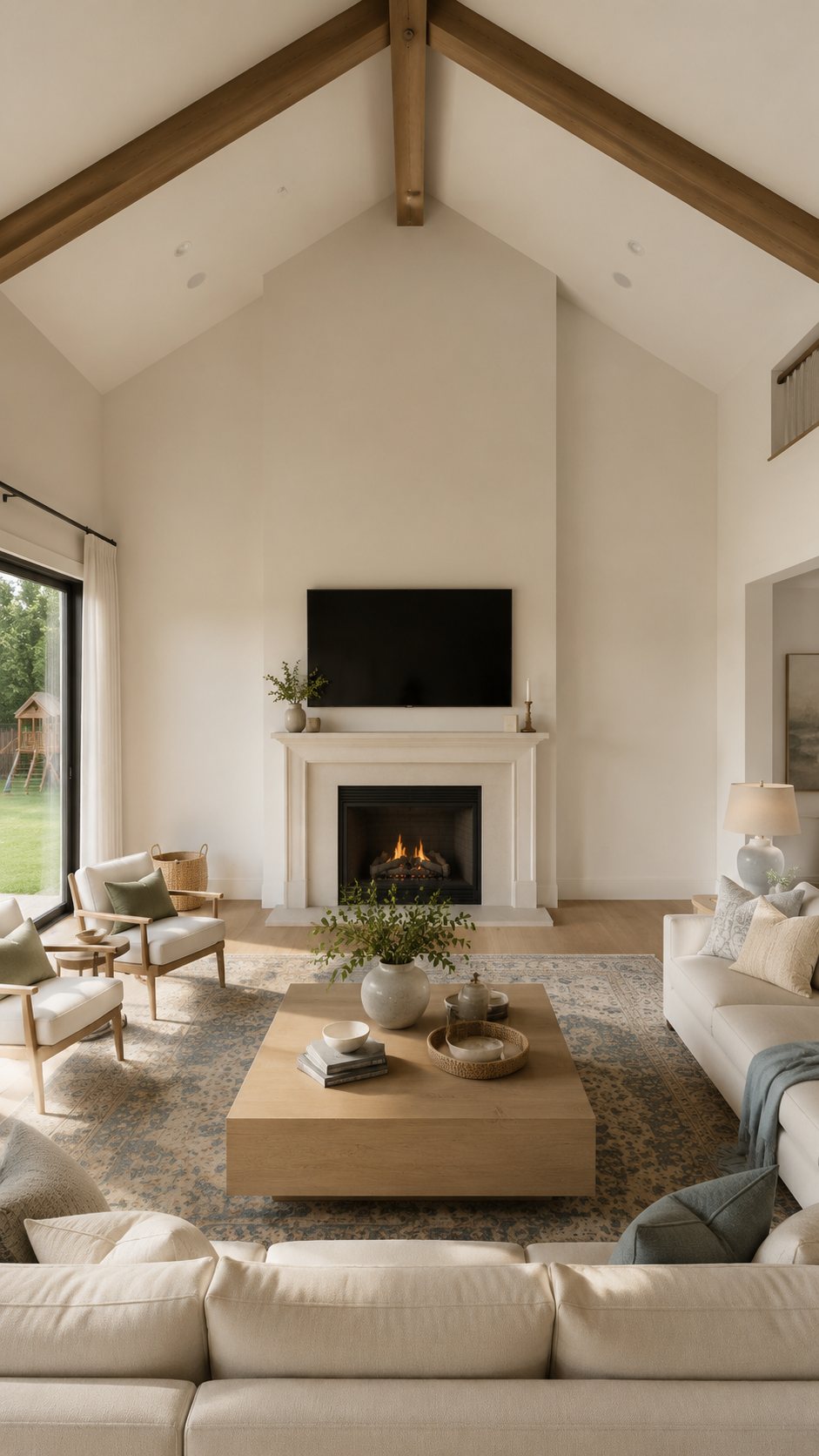 A vaulted living room with exposed oak beams, a plain plaster fireplace wall, a television over the mantel and a cream sectional