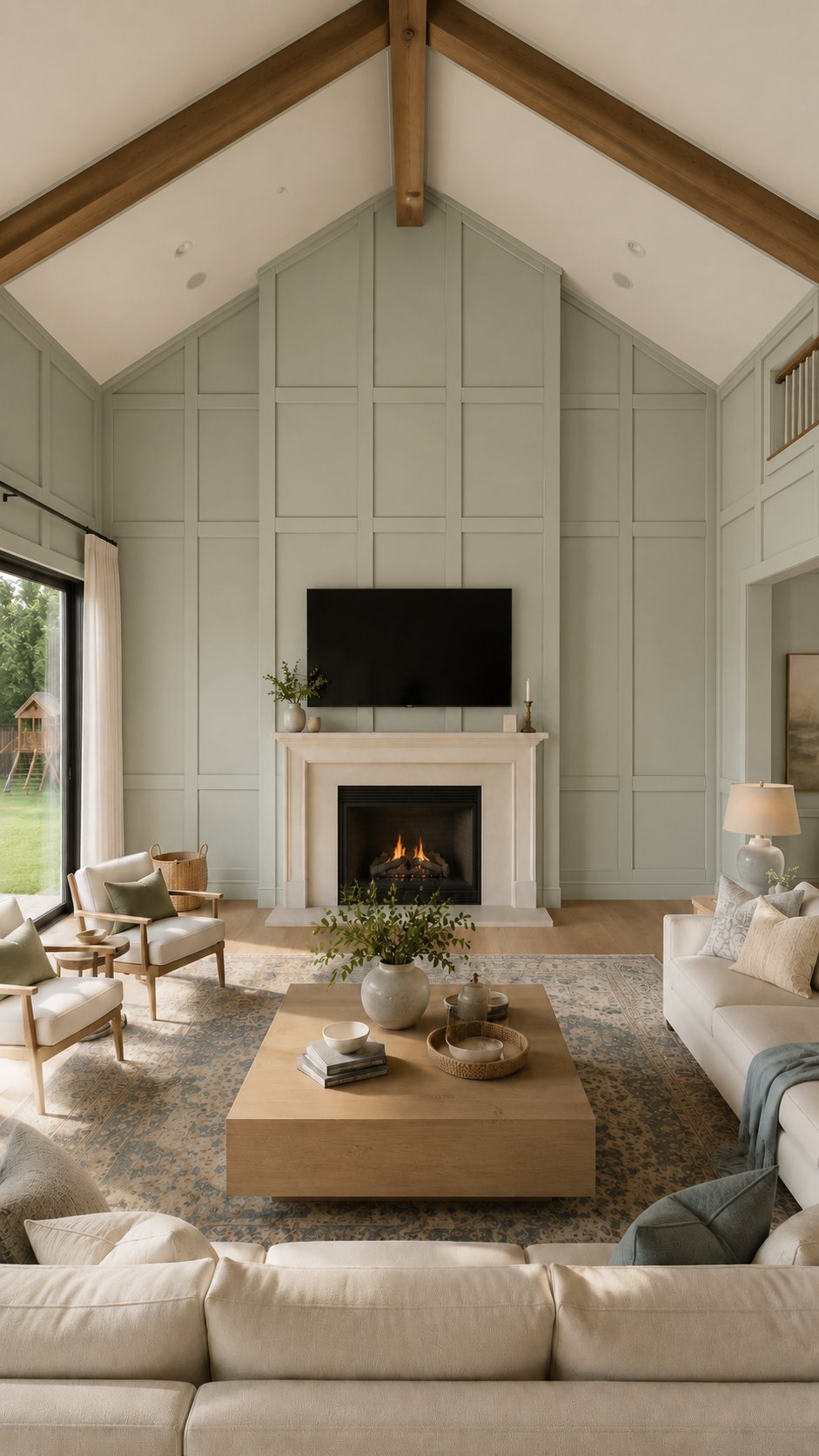 The same living room with a sage green grid of applied moulding on the fireplace wall