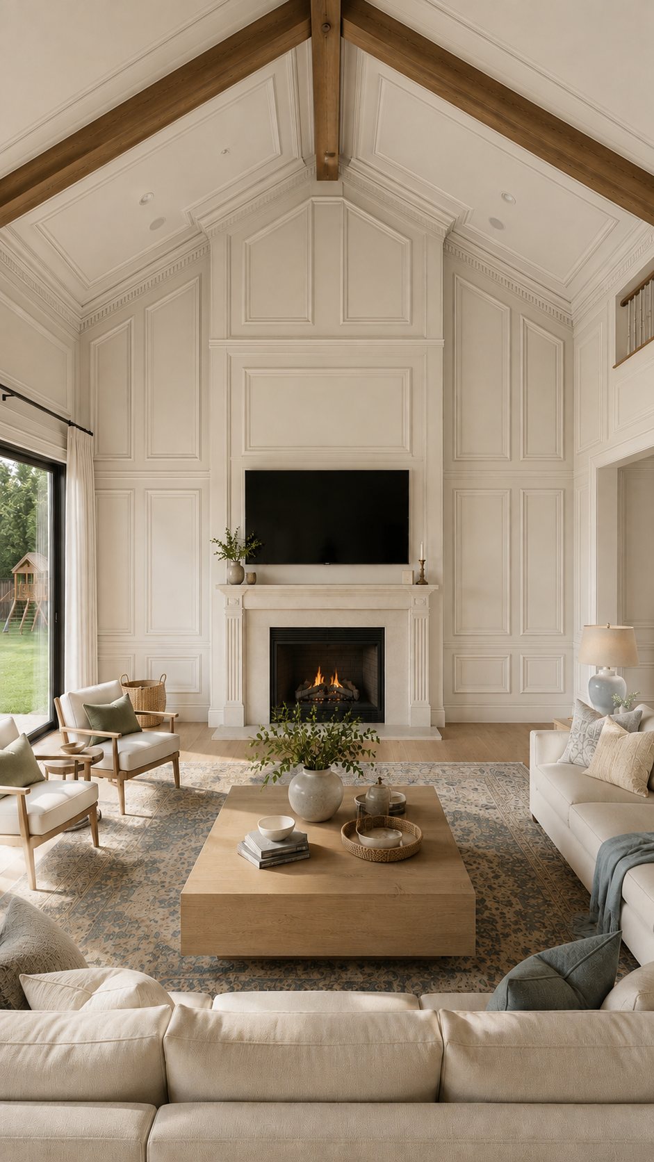The same living room with cream raised panel millwork on the fireplace wall