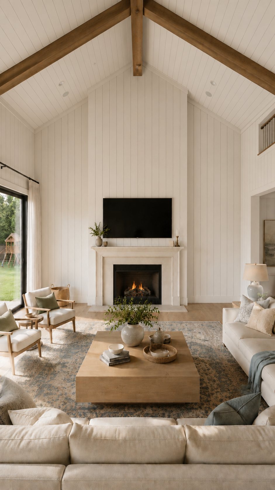 The same living room with vertical white shiplap on the fireplace wall and ceiling