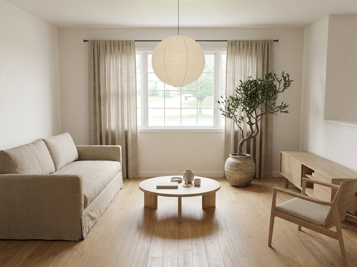 The same living room in Japandi style with warm white walls, an oatmeal linen sofa, oak floors and a paper lantern