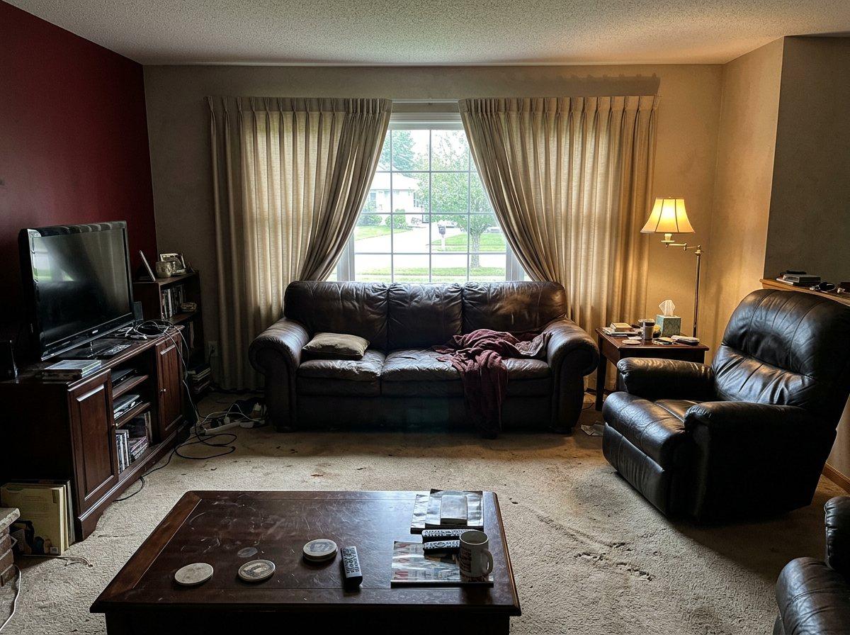 A dated living room with a burgundy accent wall, brown leather sofa, pinch pleat drapes and worn beige carpet
