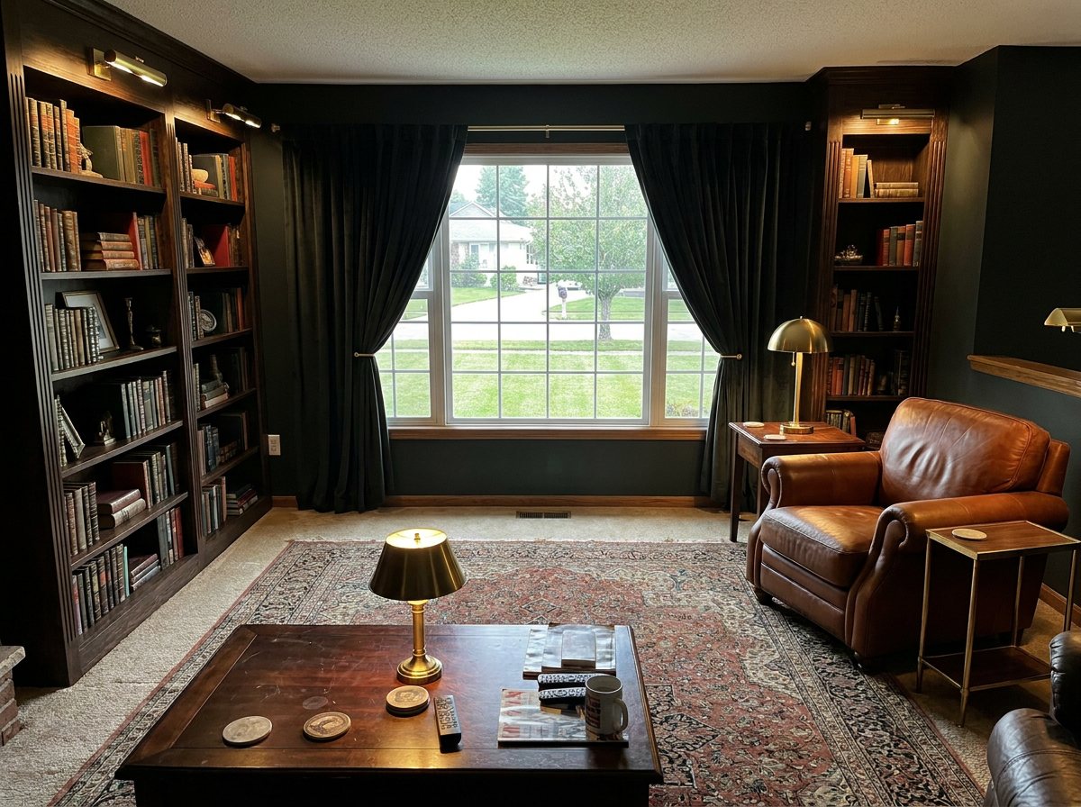 The same living room as a green library with built in bookcases and a tan leather club chair