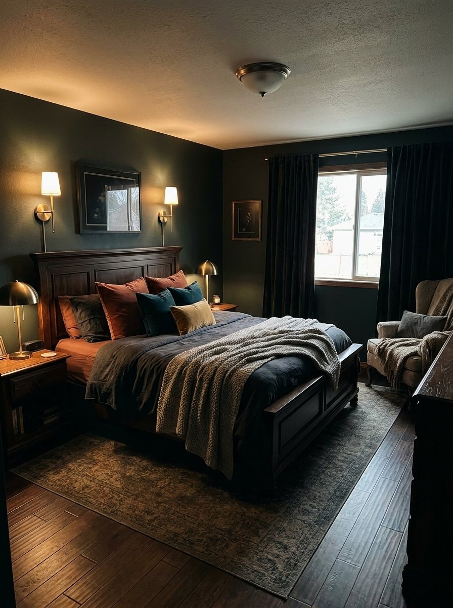 The same bedroom in deep moody green with a dark wood bed, brass lamps and a persian rug