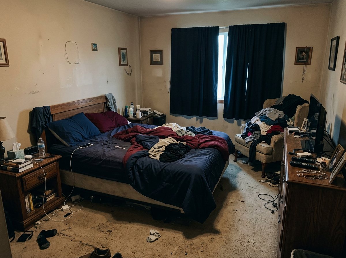 A cluttered bedroom with cream walls, navy blackout curtains, mismatched bedding and clothes piled on an armchair