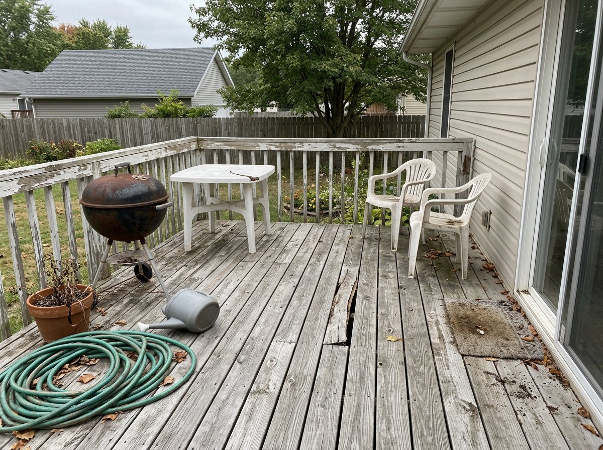 A weathered back deck with peeling white railings, a rusted kettle grill, plastic chairs, a coiled hose and a cracked board