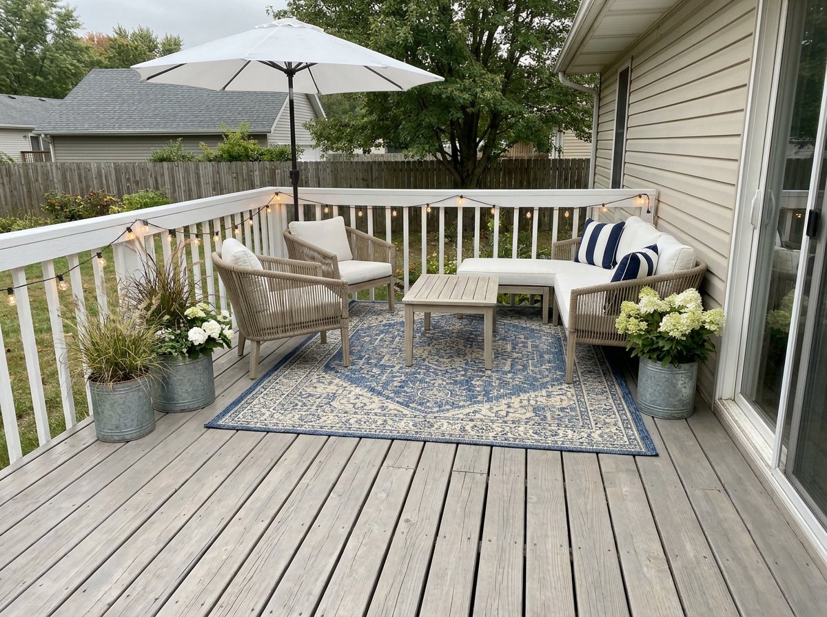 The same deck in coastal style with white railings, rope chairs, a blue medallion rug, a white umbrella and string lights