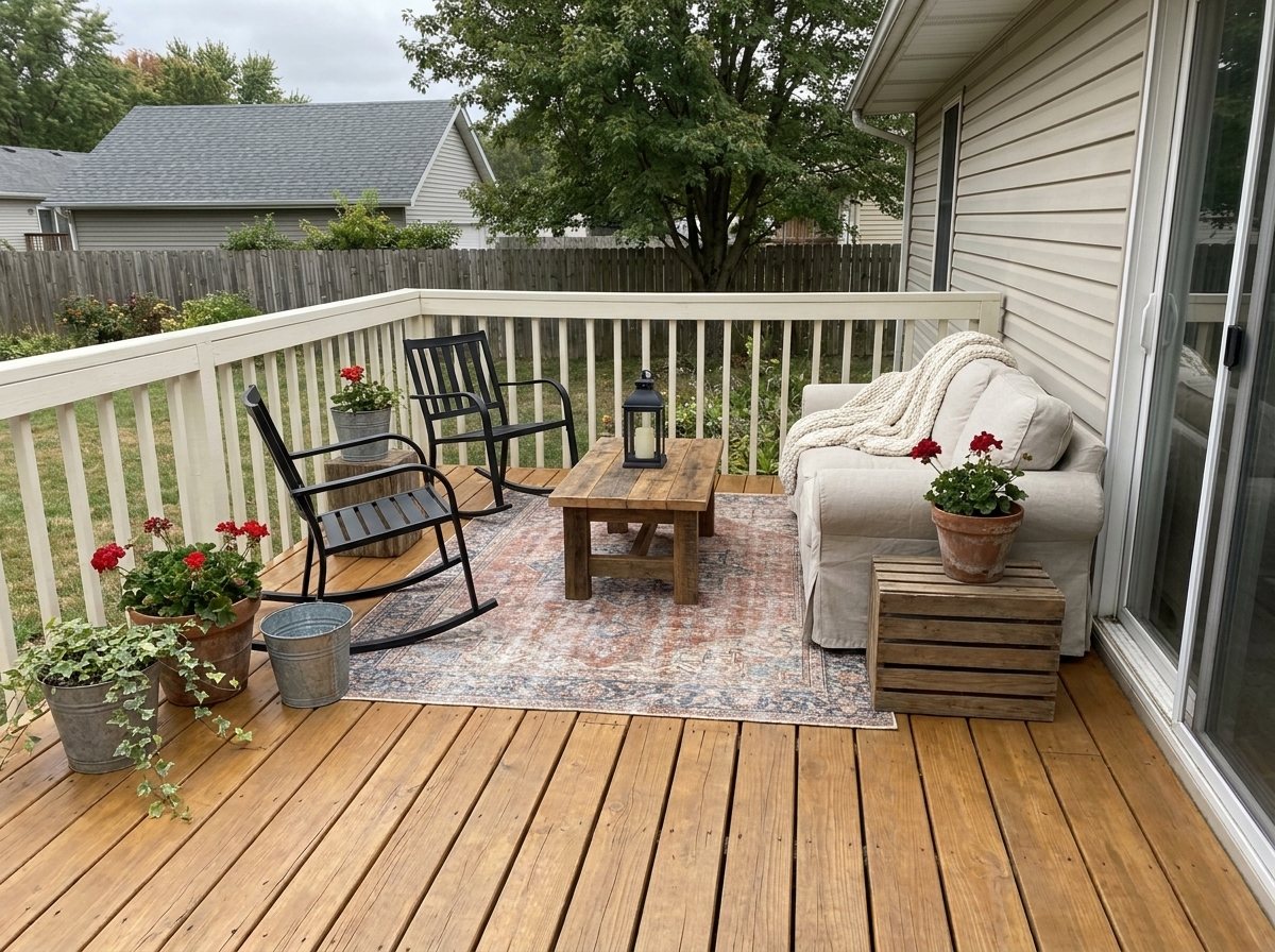 The same deck in farmhouse style with cream railings, black rocking chairs, a slipcovered sofa, a wood coffee table and red geraniums