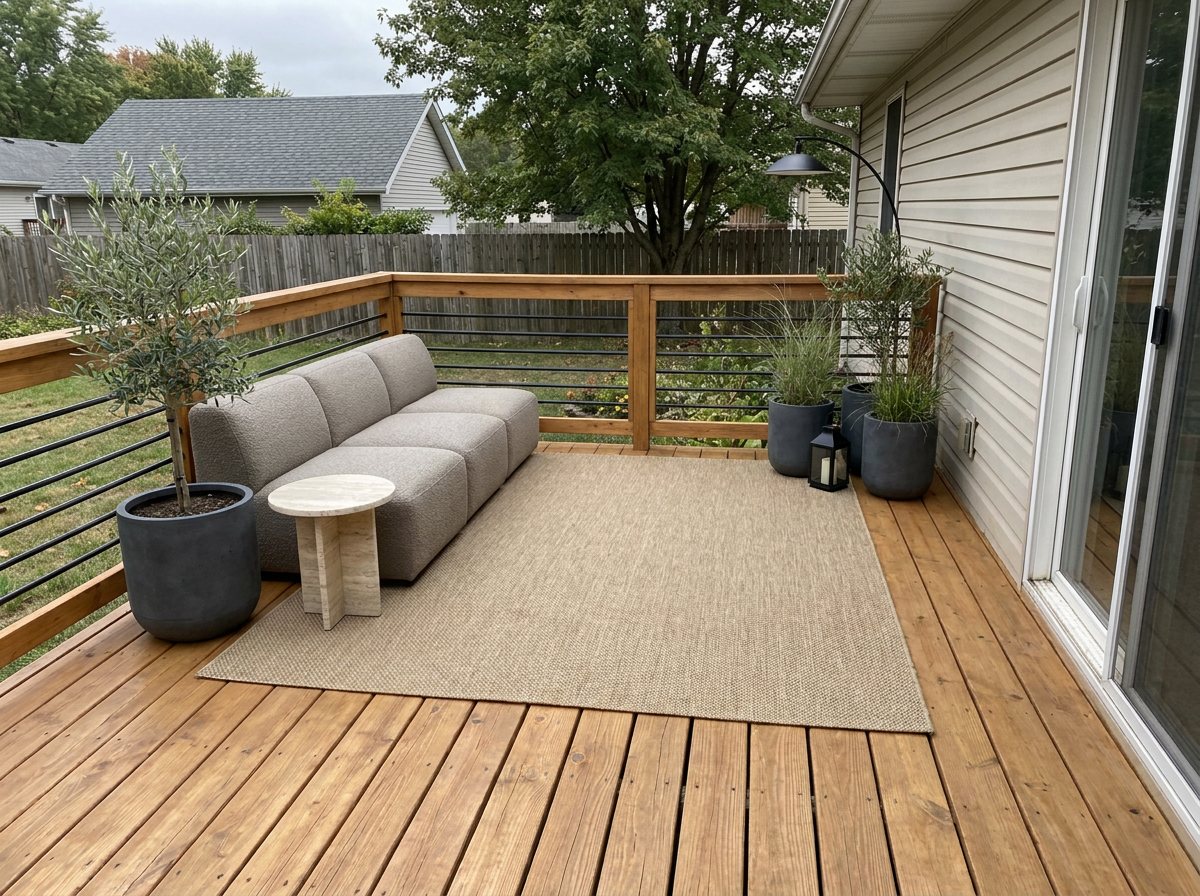 The same deck in modern style with a horizontal slat railing, a grey outdoor sofa, a jute rug and an olive tree in a black pot