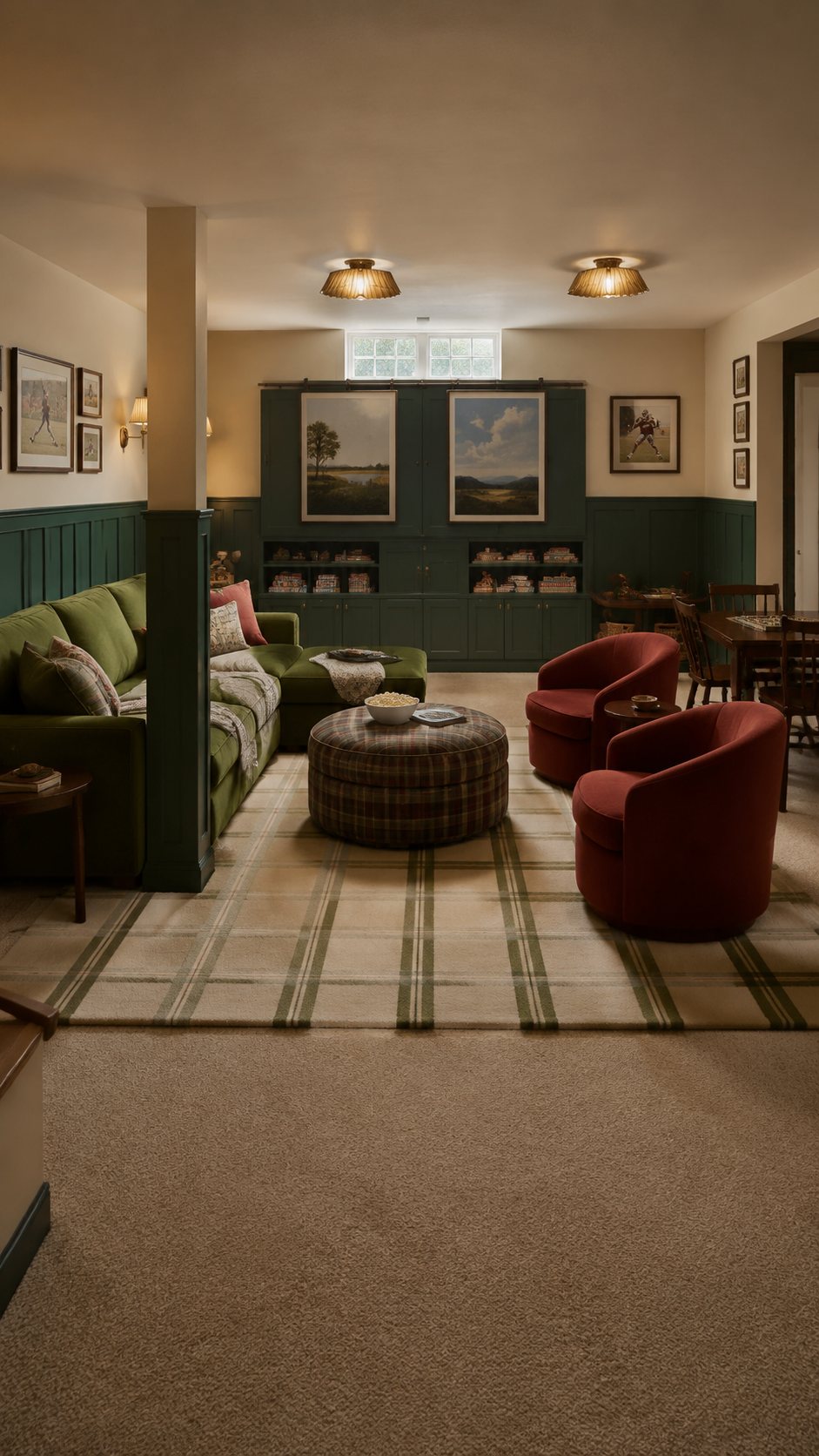 The same basement with green wainscoting, a green sofa, two red swivel chairs, a plaid rug, built in cabinets and two flush mount lights