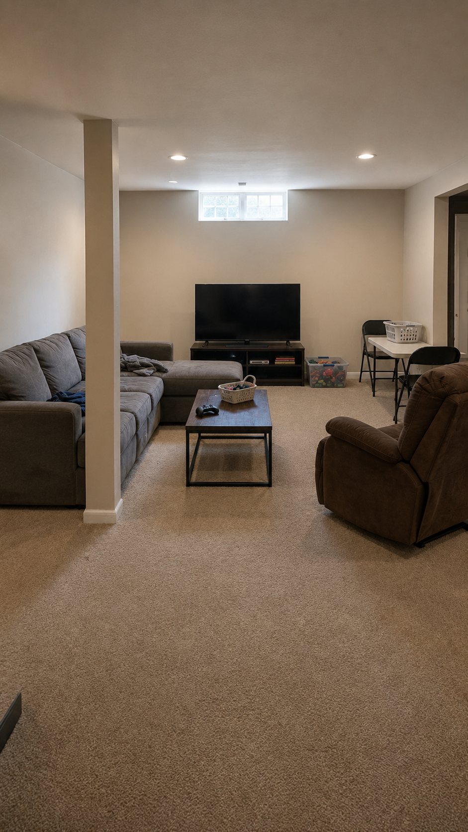 A plain basement with beige carpet, a grey sectional, a recliner, a television on a stand, a folding table and a white support column